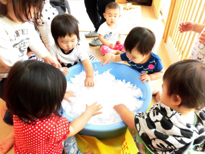 ベランダに積もった雪をお部屋に持ち込んだよ♪